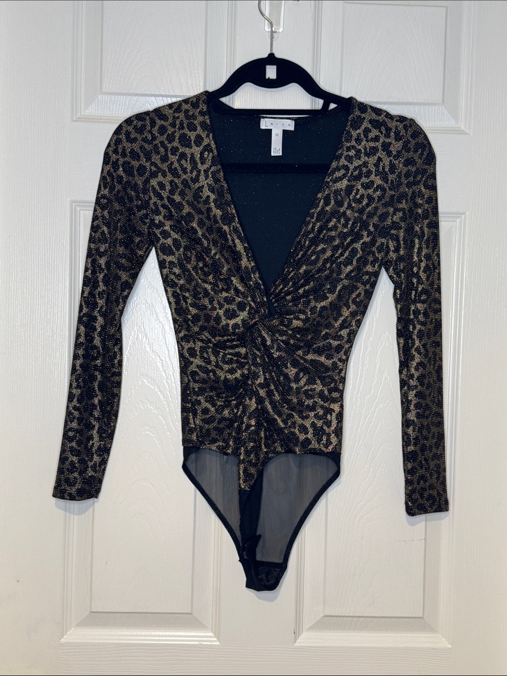 Leith Gold and Black Leopard Twist-Front Long-Sleeve Bodysuit